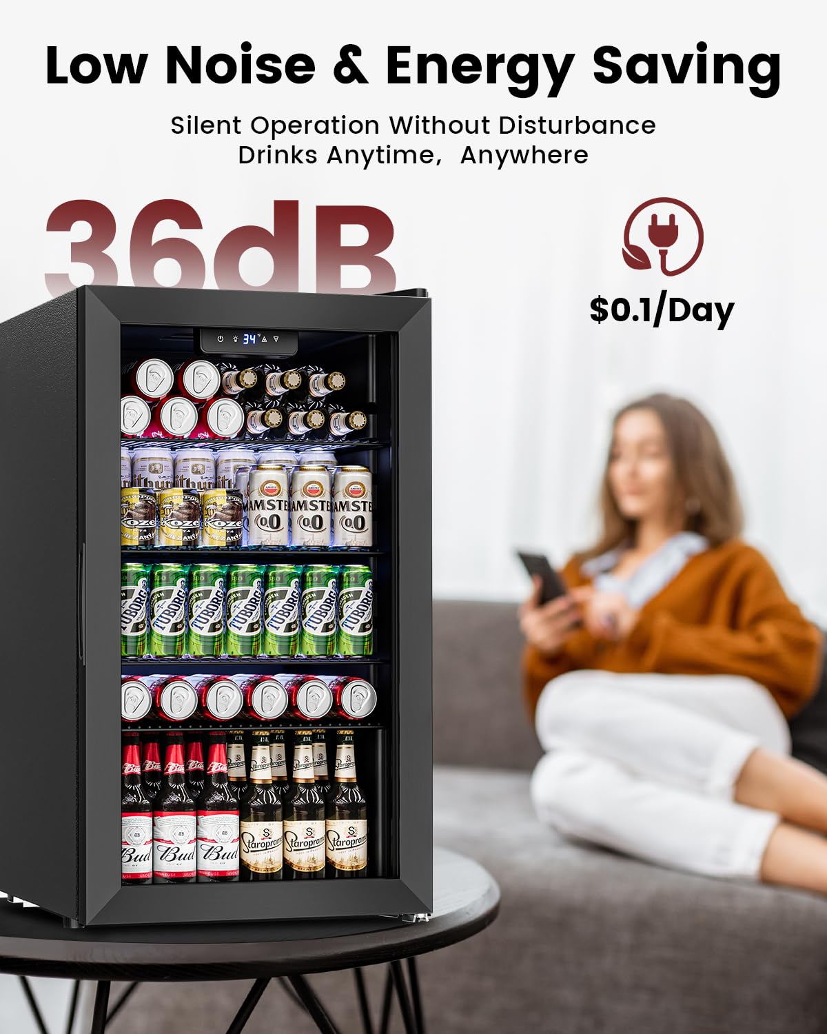 Feelfunn 2.6CuFt Beverage Refrigerator, 95 Can Mini Fridge with Glass Door