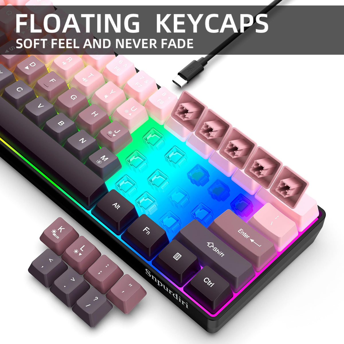 Snpurdiri 60% Wired Mechanical Gaming Keyboard, Ice Blue LED Backlit 61 Keys Mini Wired Office Keyboard for Windows Laptop PC Mac (Black-White, Red Switches)