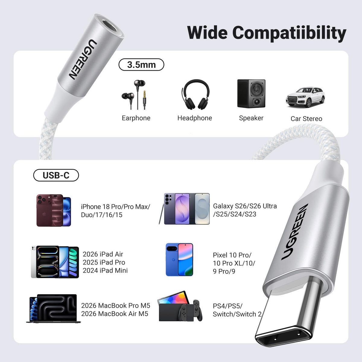 UGREEN 2 Pack USB C to 3.5mm Audio Adapter Type C to Aux 24bit/96kHz, Grey