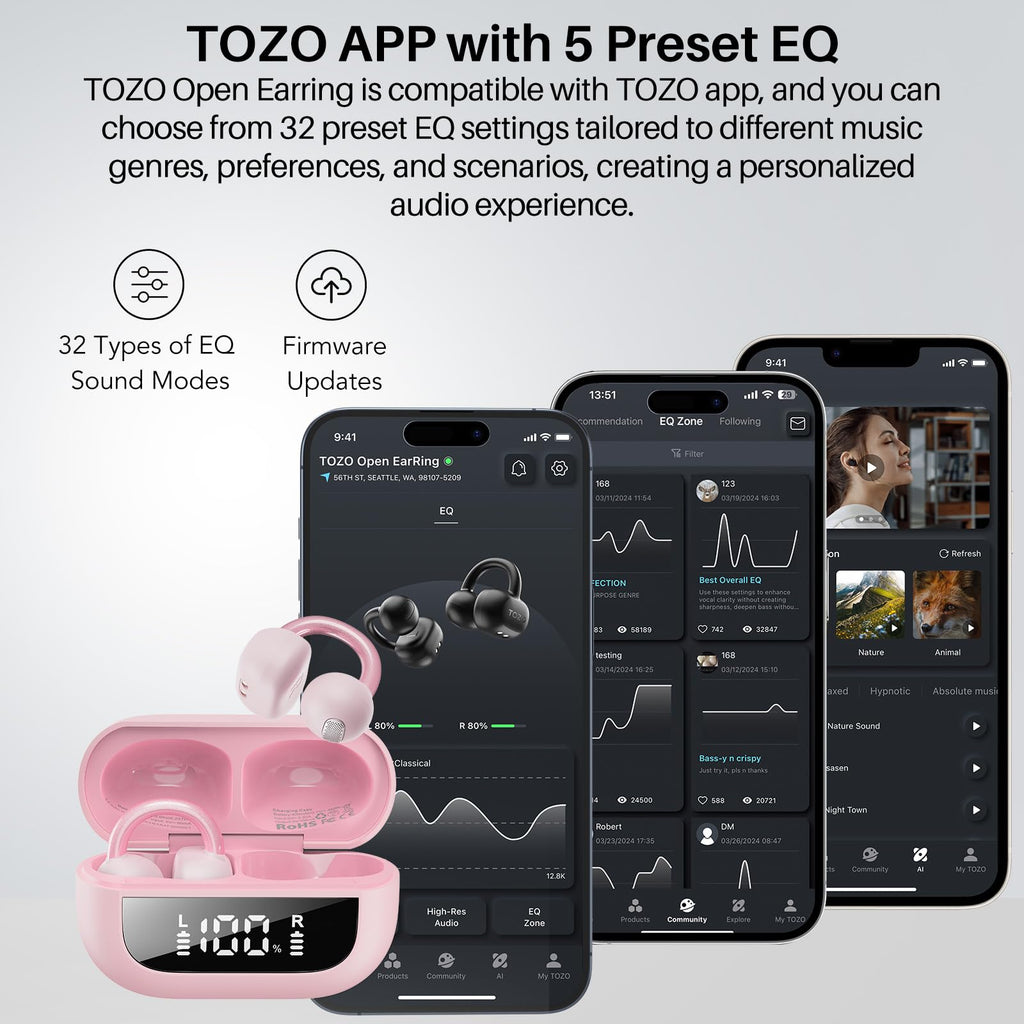 TOZO OpenEarRing Open Ear Earbuds 40H Bluetooth 5.4 Lightweight Comfort
