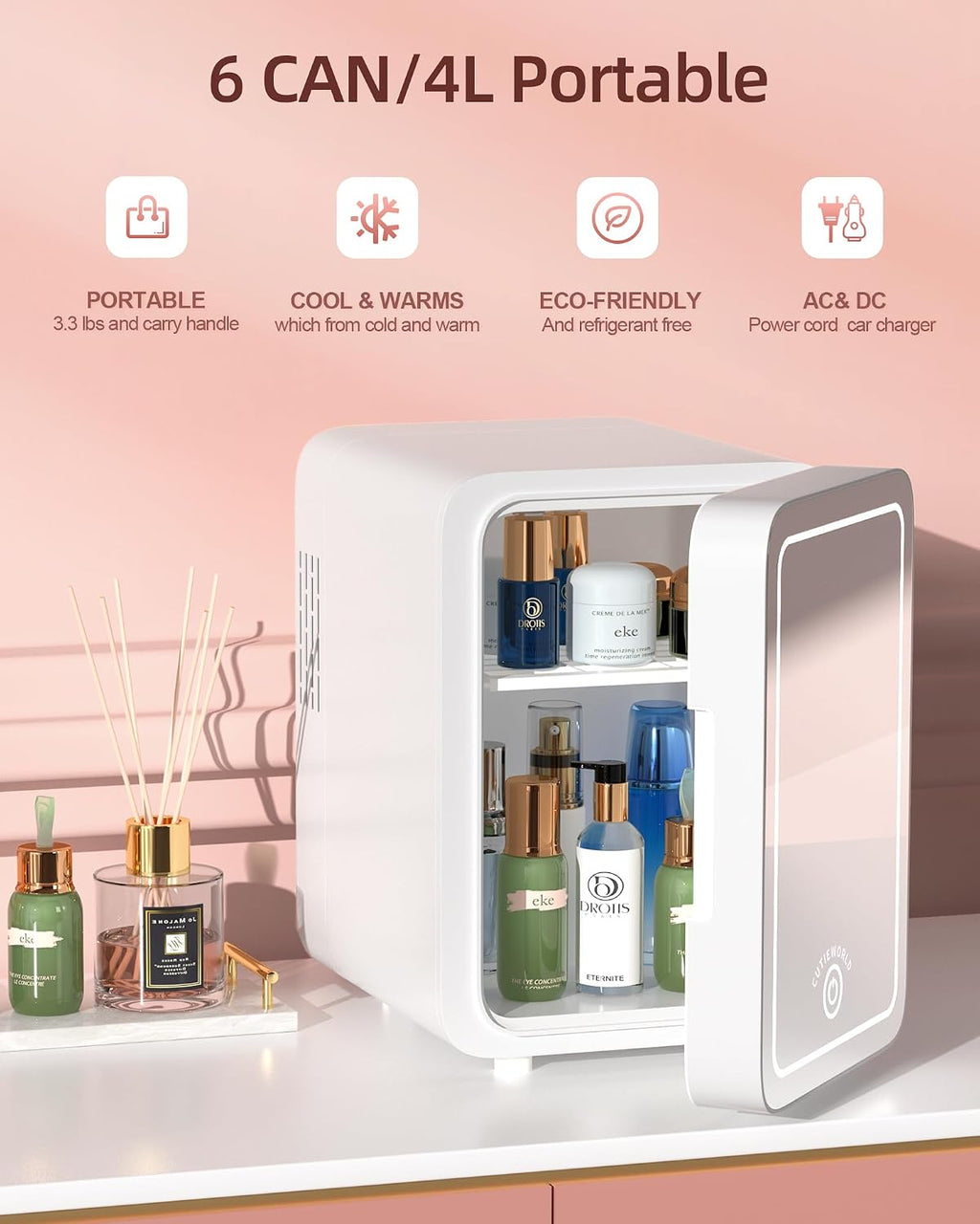 CUTIEWORLD Skincare Fridge - 4L Makeup Fridge for Refrigerating Makeup, Skincare and Food, Mini Fridge for Bedroom, Office and Car, Cooler and Warmer, Beverage Cooler, Leather Pink