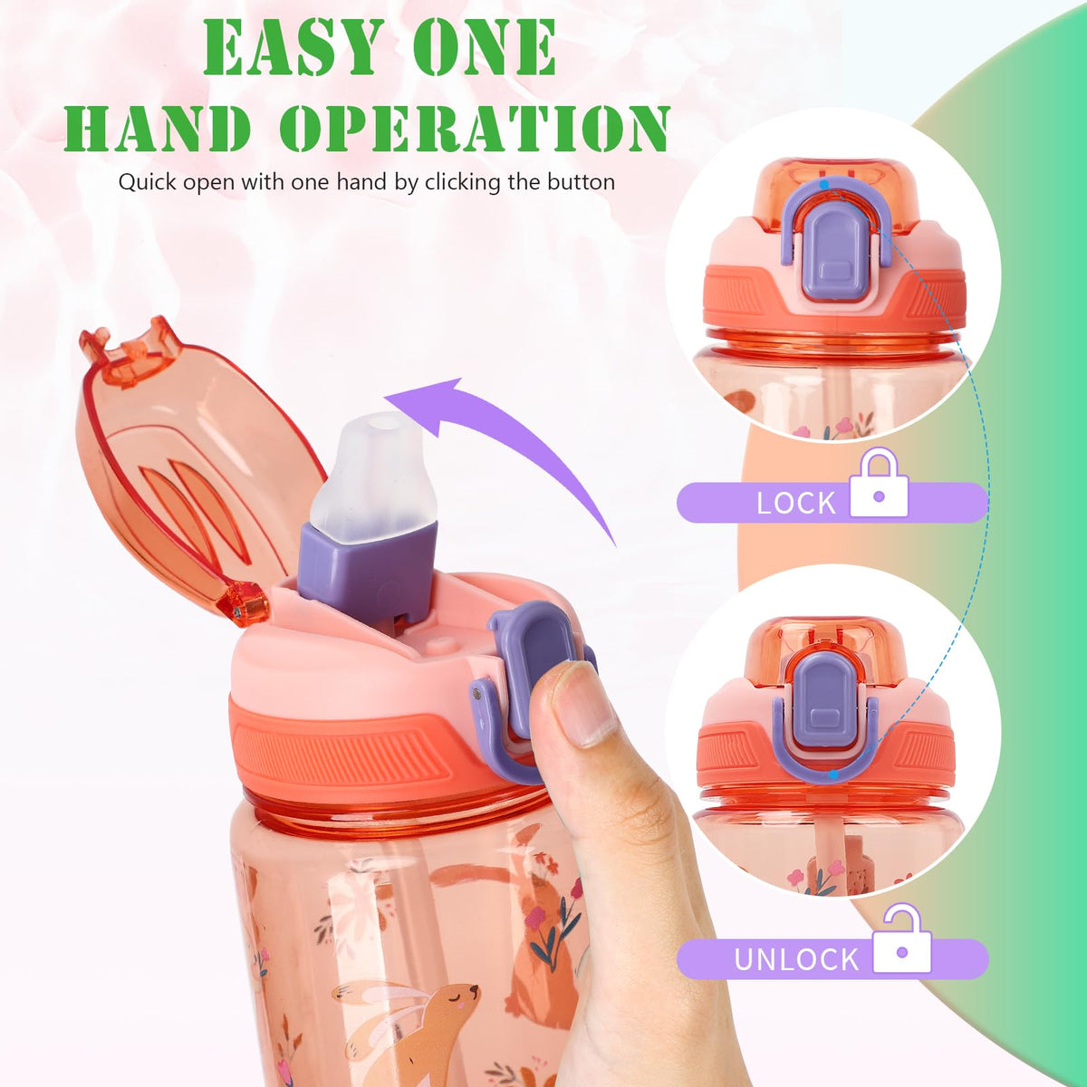SENBSLAN Kids Water Bottles With Straw,600ml Drinks Bottle for School,Leakproof Children's Bottle BPA free Tritan Sport Bottle for Girls Boys (Pinkish Orange-Rabbit)