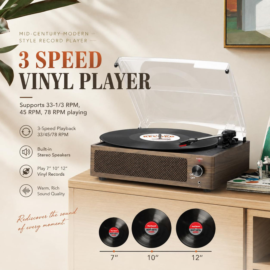 Seasonlife® Retro Vinyl Record Player with Stereo Speakers,Walnut Brown