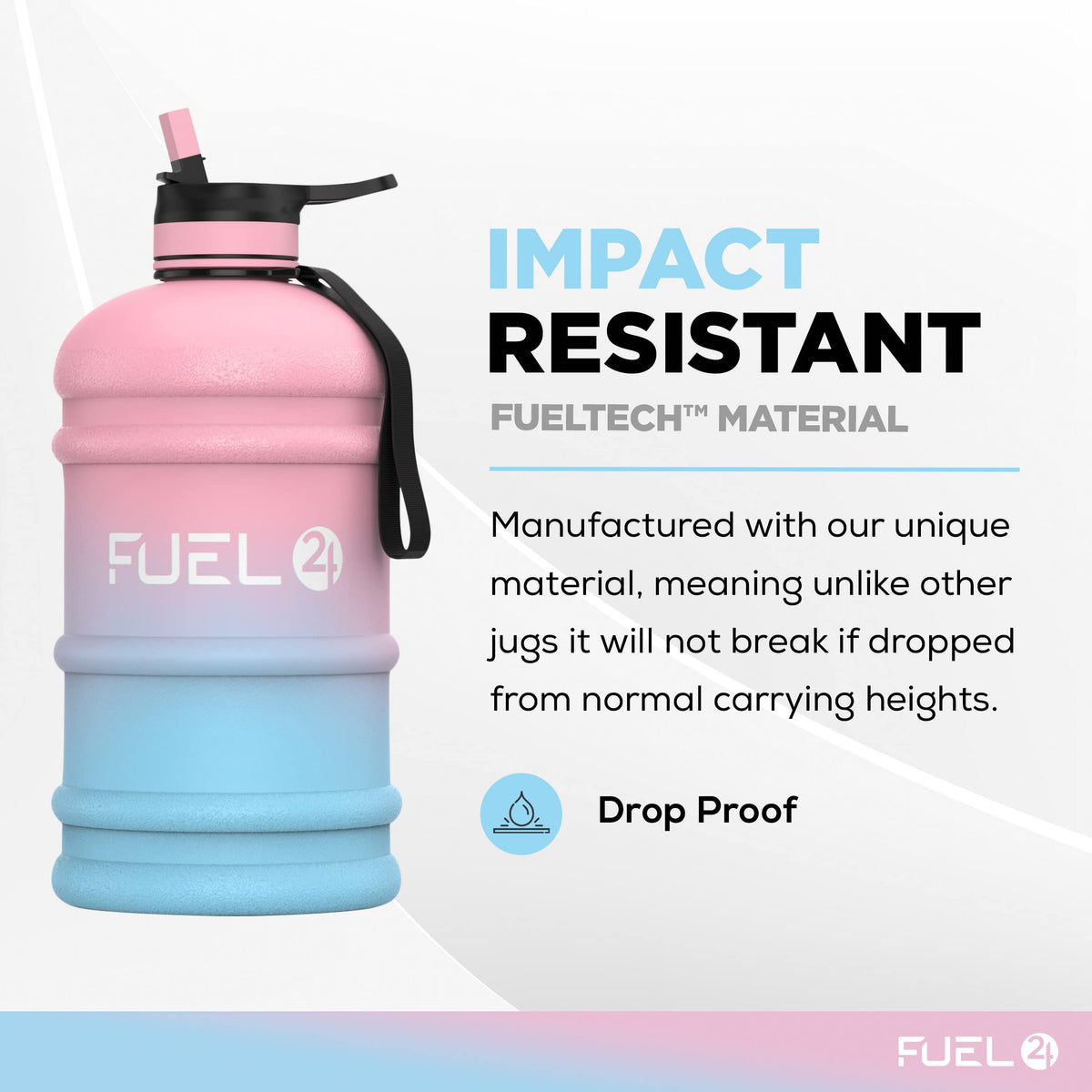 Fuel24 Jug - 2.2 Litre Water Bottle - Extra Strong Flex Material - Drop Proof, Pop or Straw Cap Options - 2.2L Large Gym Sports Bottle, BPA FREE
