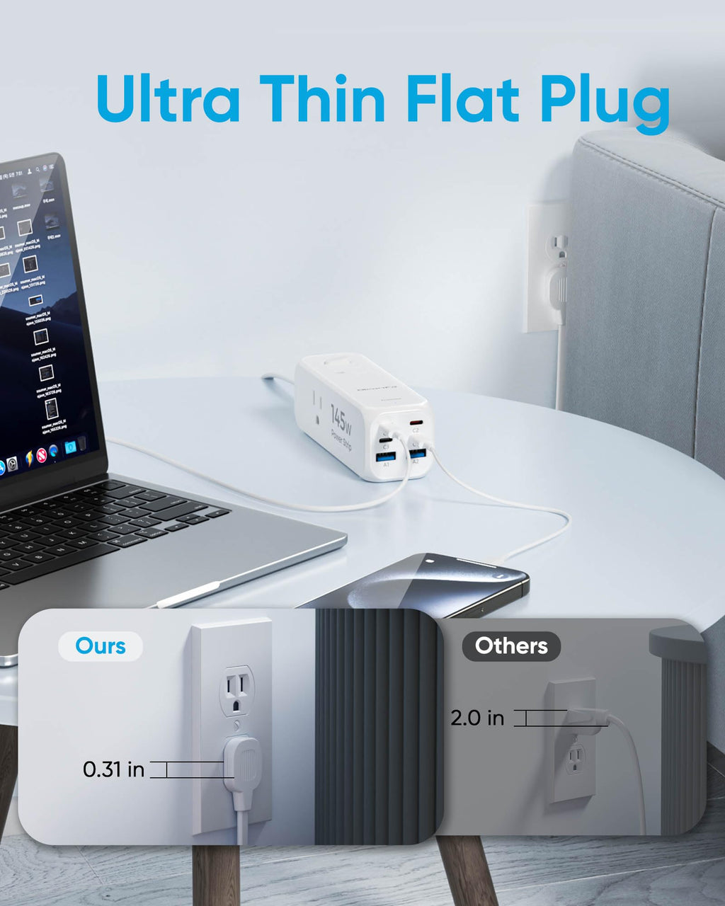 Olcorife Flat Plug Power Strip with 15 FT Extension Cord, 6 Outlets 3 USB Ports(1 USB C), 3 Sided Outlet Extender for Home Office Travel Dorm Room Essentials, White