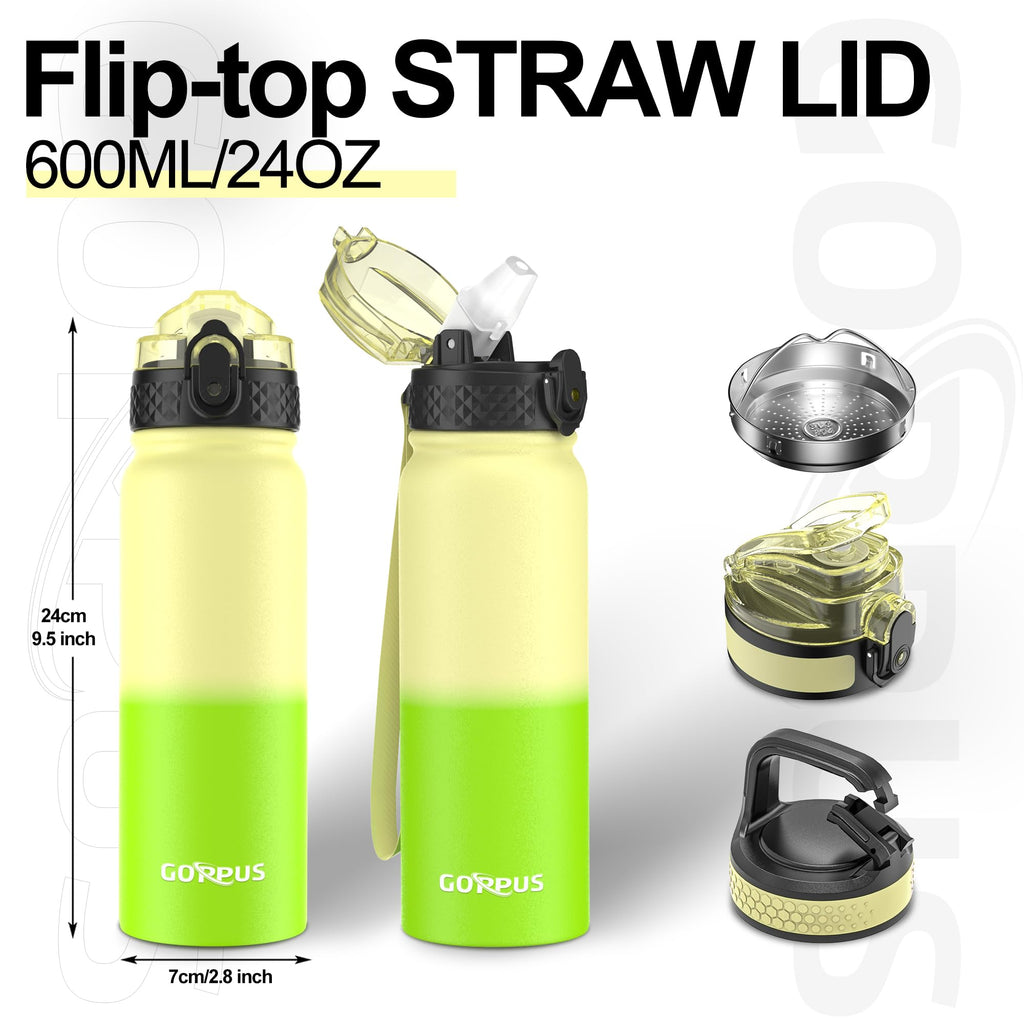 GOPPUS 600ml/20oz Stainless Water Bottle with Straw Double Wall Insulated Bottles with Strap One Hand Open Vacuum Thermal Flask with Flip Top Lid Leakproof Keep Cold Drinks BPA Free