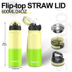 GOPPUS 600ml/20oz Stainless Water Bottle with Straw Double Wall Insulated Bottles with Strap One Hand Open Vacuum Thermal Flask with Flip Top Lid Leakproof Keep Cold Drinks BPA Free