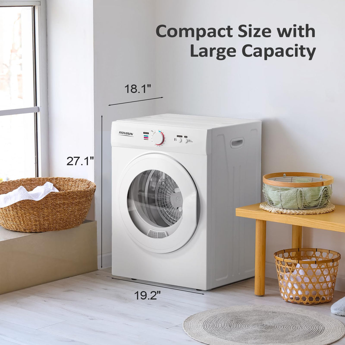 ROVSUN 110V Portable Clothes Dryer, High End Laundry Front Load Tumble Dryer Machine with Stainless Steel Tub & Simple Control Knob for Apartment, Dorm-850W, White