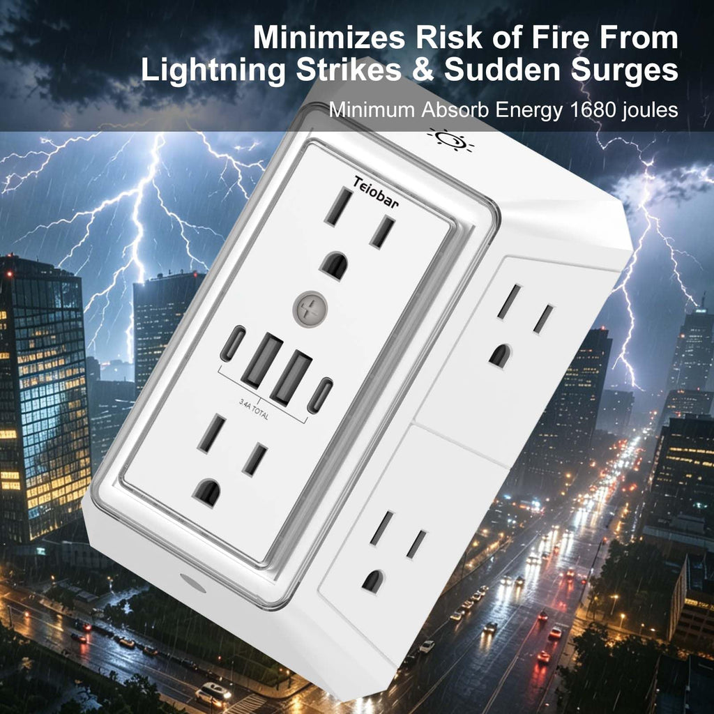 Multi Plug Wall Outlet Surge Protector with 6-Outlet & 4 USB Ports(2USB-C)