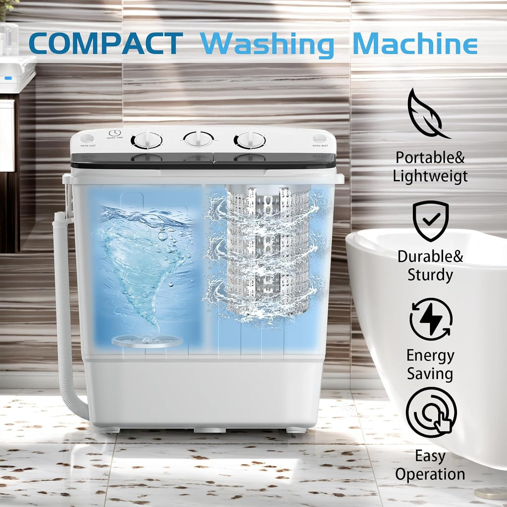 Erivess Portable Twin Tub 19lbs Washing Machine with Drying Rack and 10 Hangers, 12lbs Washer Mini Compact Laundry Machine with 7lbs Spinner, 1500rpm Semi-automatic Washer Combo for Dorm&Apartment