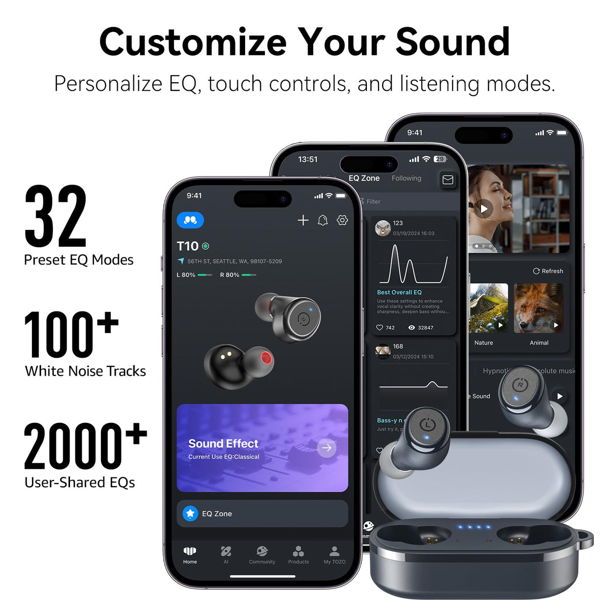 TOZO T10 Wireless Earbuds Powerful Bass Stereo Wireless Charging, APP, IPX8