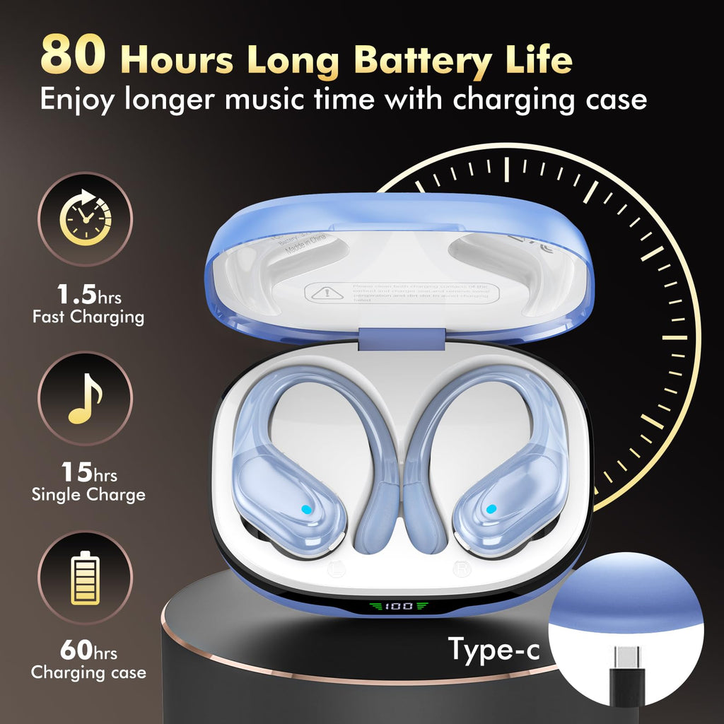 HAOYUYAN Wireless Earbuds, Sports Bluetooth Headphones, 80Hrs Playtime Ear Buds with LED Power Display, Noise Canceling Headset, IPX7 Waterproof Earphones for Workout/Running (Camel)