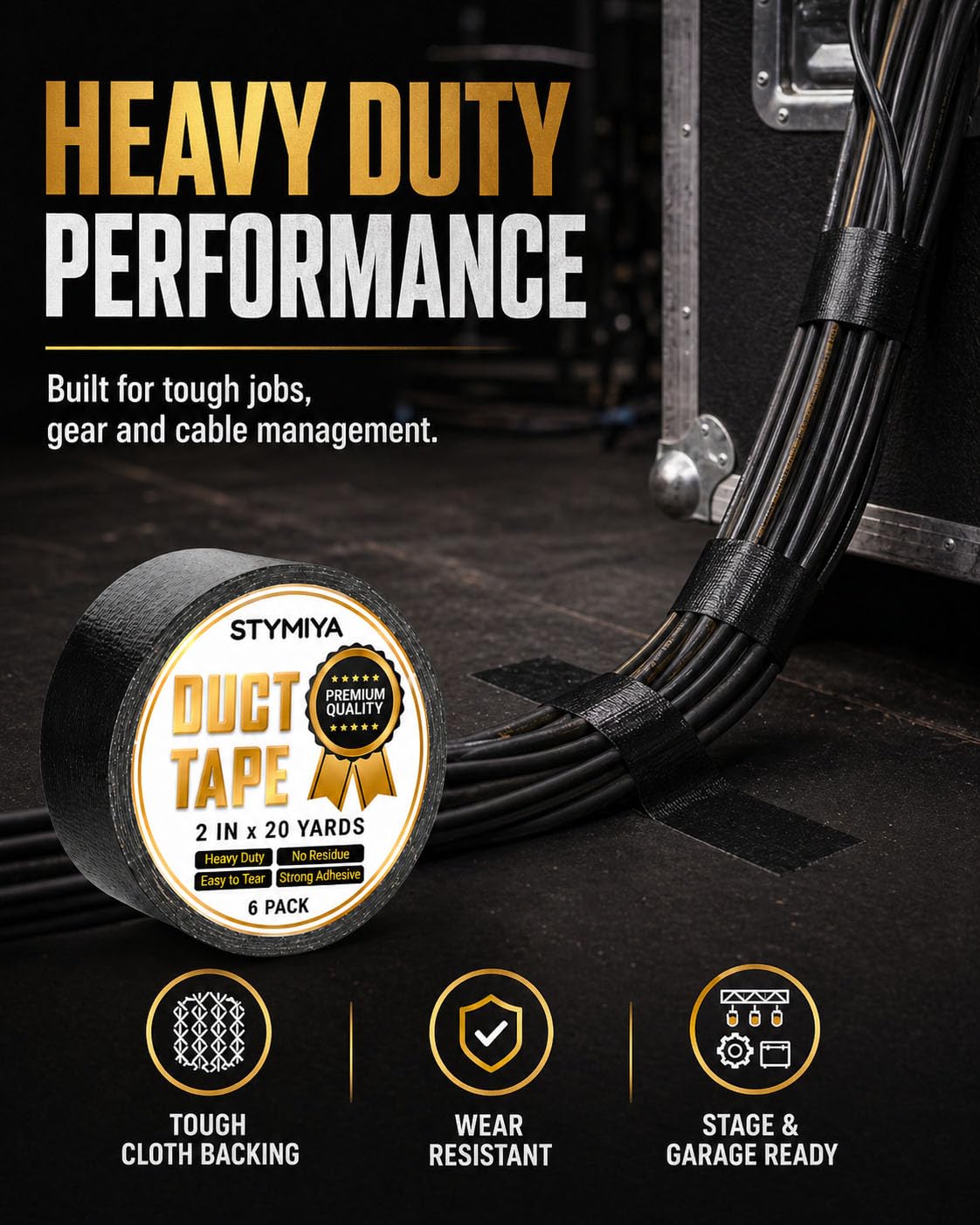 Black Duct Tape Heavy Duty: 3 Rolls 2inch x 20yd Wide Waterproof Outdoor - Strong Adhesive Weather Tapes Repair Bulk - Ductape for Patterns Masking Packing Furniture Kids Craft (3, Matte Black)