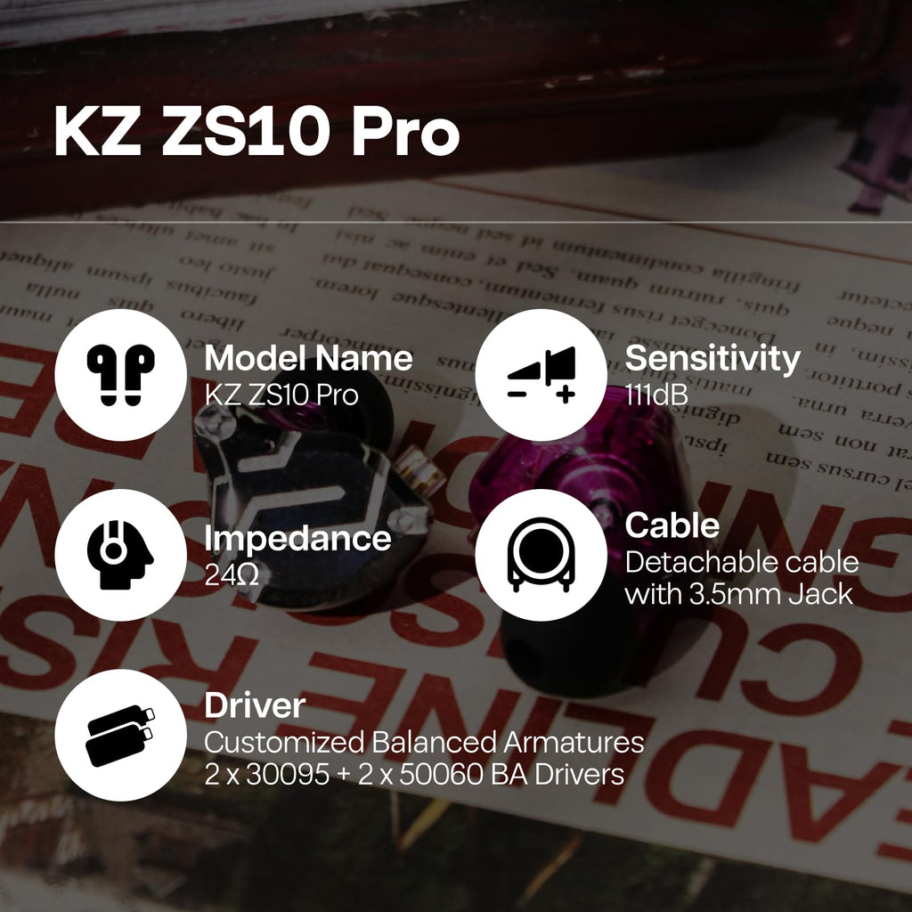 Linsoul KZ ZS10 Pro, 4BA+1DD 5 Driver in Ear Monitor, HiFi Wired Earbuds, Gaming Earbuds, Hybrid IEM Earphones with Stainless Steel Faceplate, Detachable Cable for Musician(with Mic, Dark Black)
