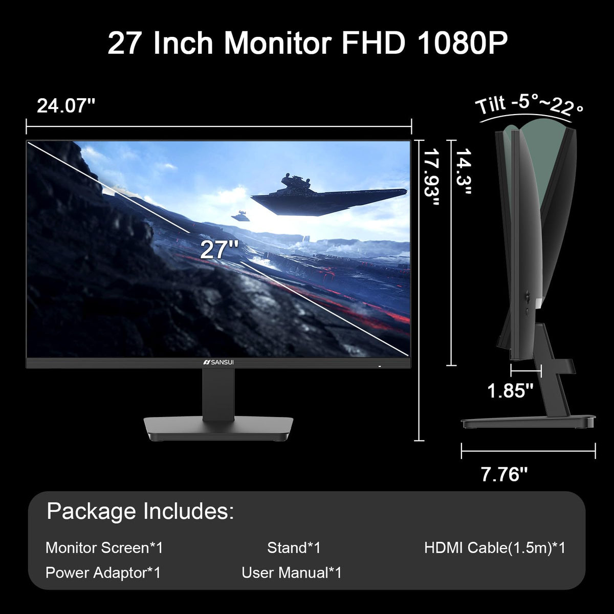 SANSUI 24 Inch Gaming Monitor 200Hz 1Ms FreeSync HDR 110% sRGB FHD 1080P Computer Monitor HDMI DP Ports Eye Care Frameless VESA Mount Cable Management(ES-G24F4L HDMI Cable Included)