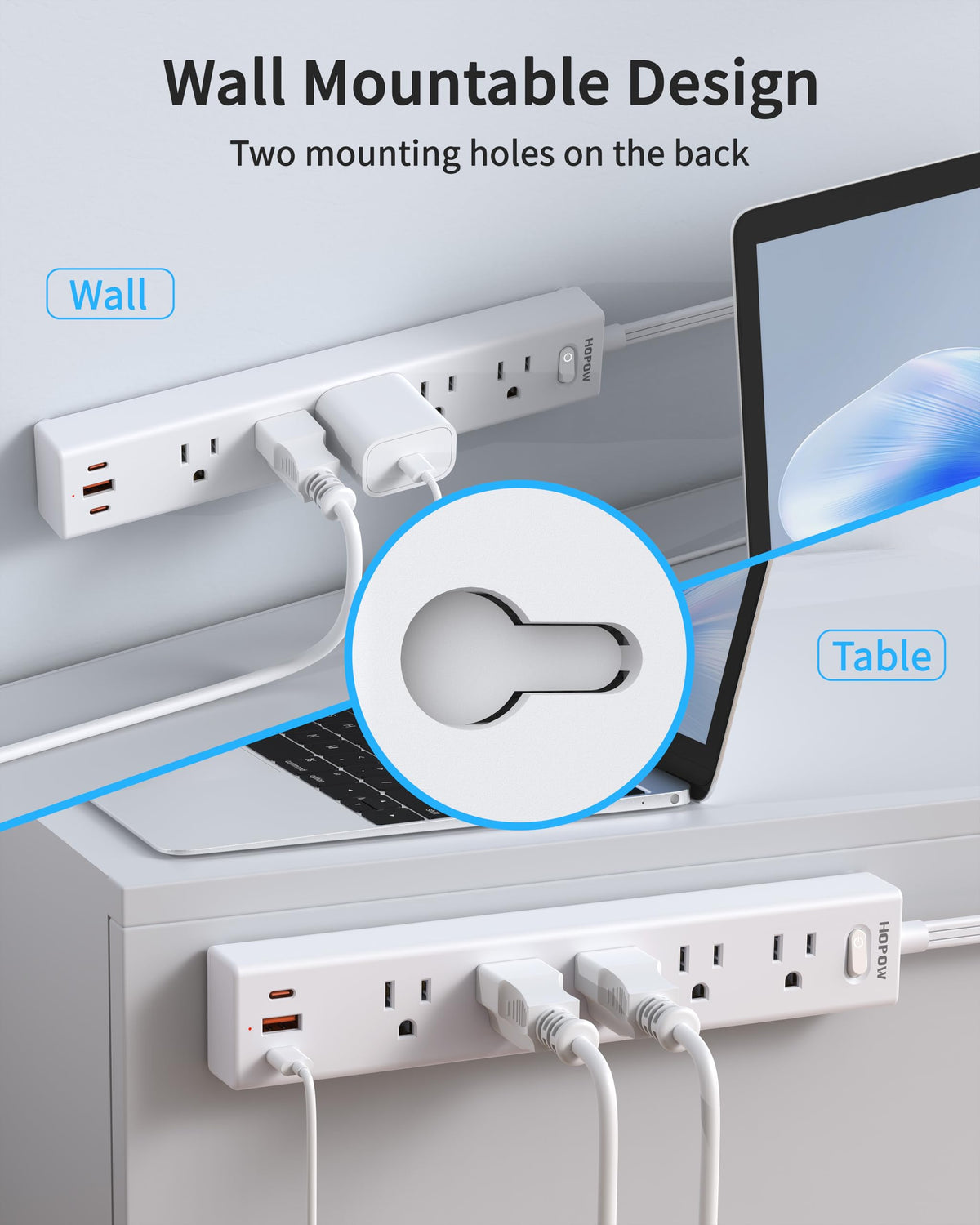 6FT Surge Protector Power Strip, 1700J, 5AC&1A2C, Flat Plug Extension Cord