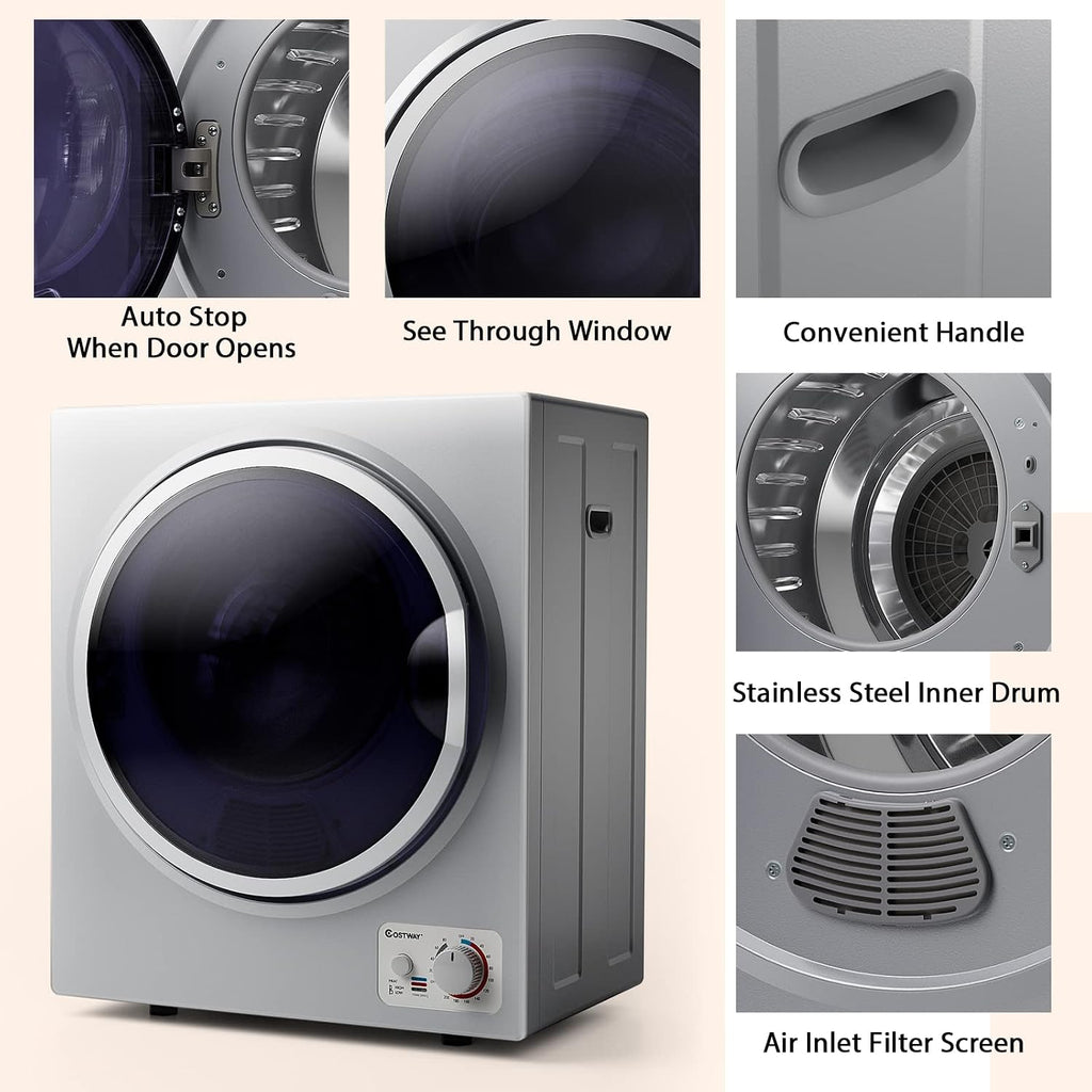 COSTWAY 1.5 Cu.ft. Portable Clothes Dryer,850W Compact Laundry Dryer,Silver
