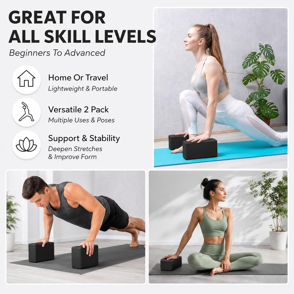 EXERZ Yoga Blocks 2pcs Gym Bricks -Comfortable Fitness Yoga Bricks, Anti-Slip, Lightweight and Travel Friendly Pilates Practice