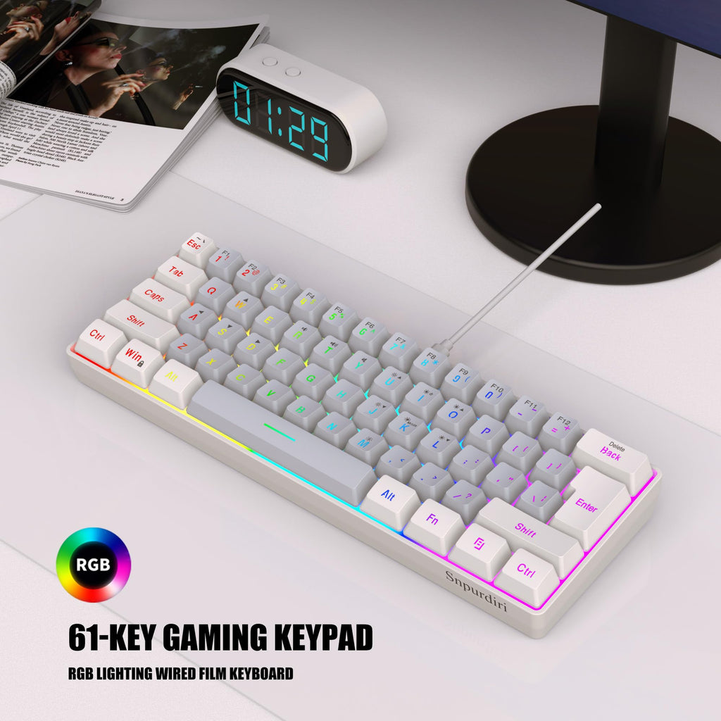 Snpurdiri 60% Wired Mechanical Gaming Keyboard, Ice Blue LED Backlit 61 Keys Mini Wired Office Keyboard for Windows Laptop PC Mac (Black-White, Red Switches)