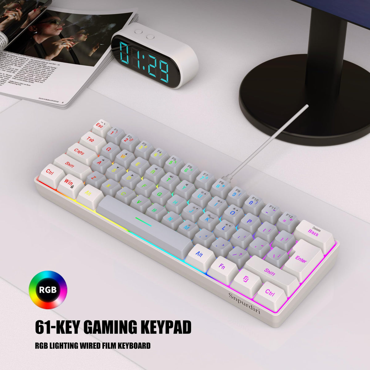 Snpurdiri 60% Wired Mechanical Gaming Keyboard, Ice Blue LED Backlit 61 Keys Mini Wired Office Keyboard for Windows Laptop PC Mac (Black-White, Red Switches)