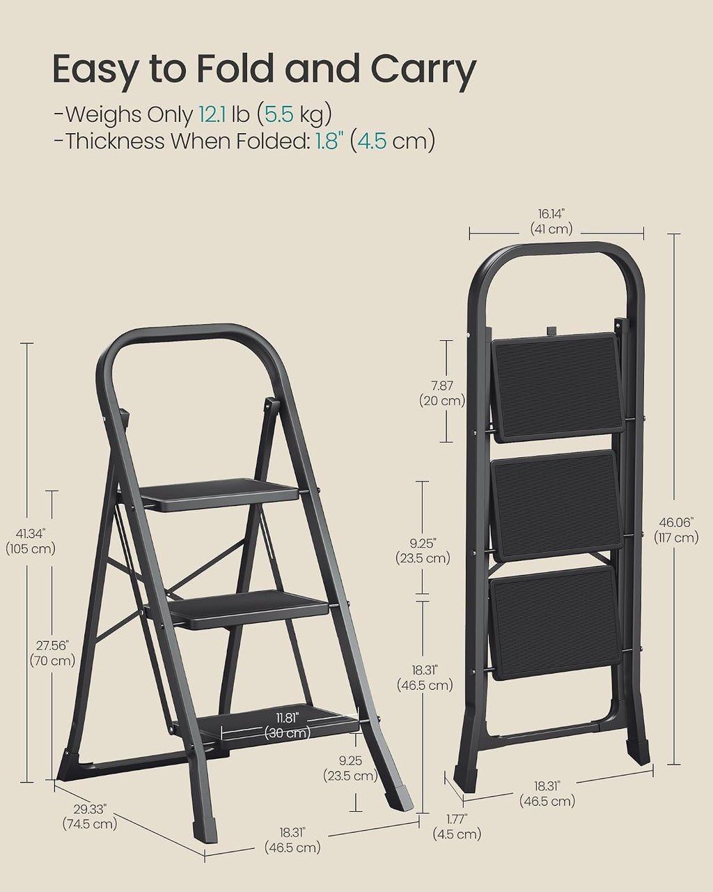 SONGMICS 3-Step Ladder, Folding Step Ladder, Safety, Holds up to 150KG