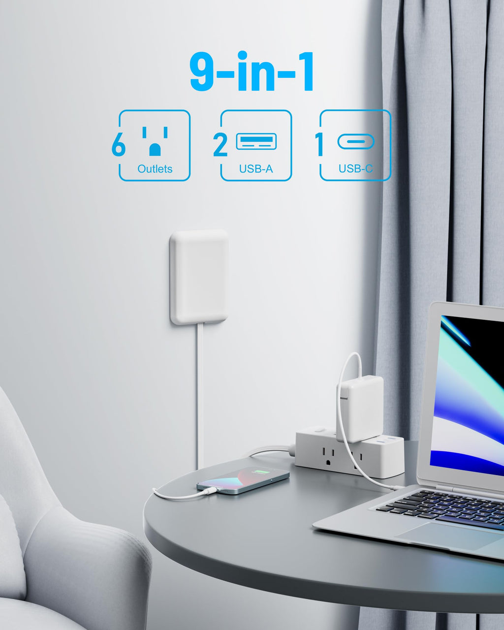 Olcorife Flat Extension Cord with Outlet Cover, Flat Plug Power Strip with 6 Outlets and 3 USB Ports, 8 FT Cord Hidden Outlet Extender for Tight Spaces