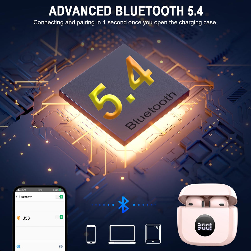 Wireless Earbuds, Bluetooth 5.4 Ear Buds, LED Power Display, 6D Bass Stereo