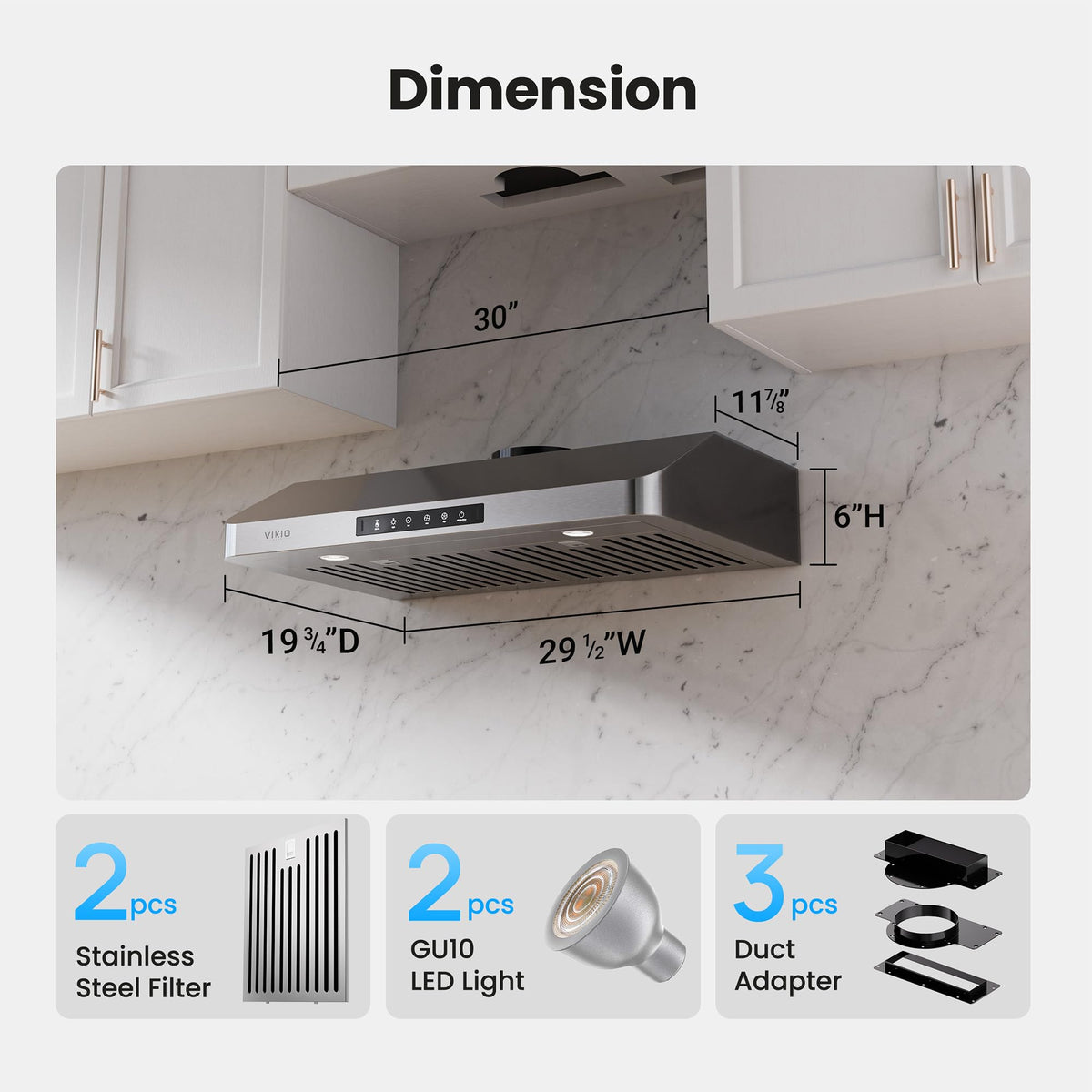 VIKIO HOME 30 Inch Under Cabinet Range Hood, 980CFM Fast Venting Ducted, Kitchen Hood With 3 Speed Gesture Sensing & Touch Control, Stainless Steel Stove Hood With LED Light And 2 Baffle Filters