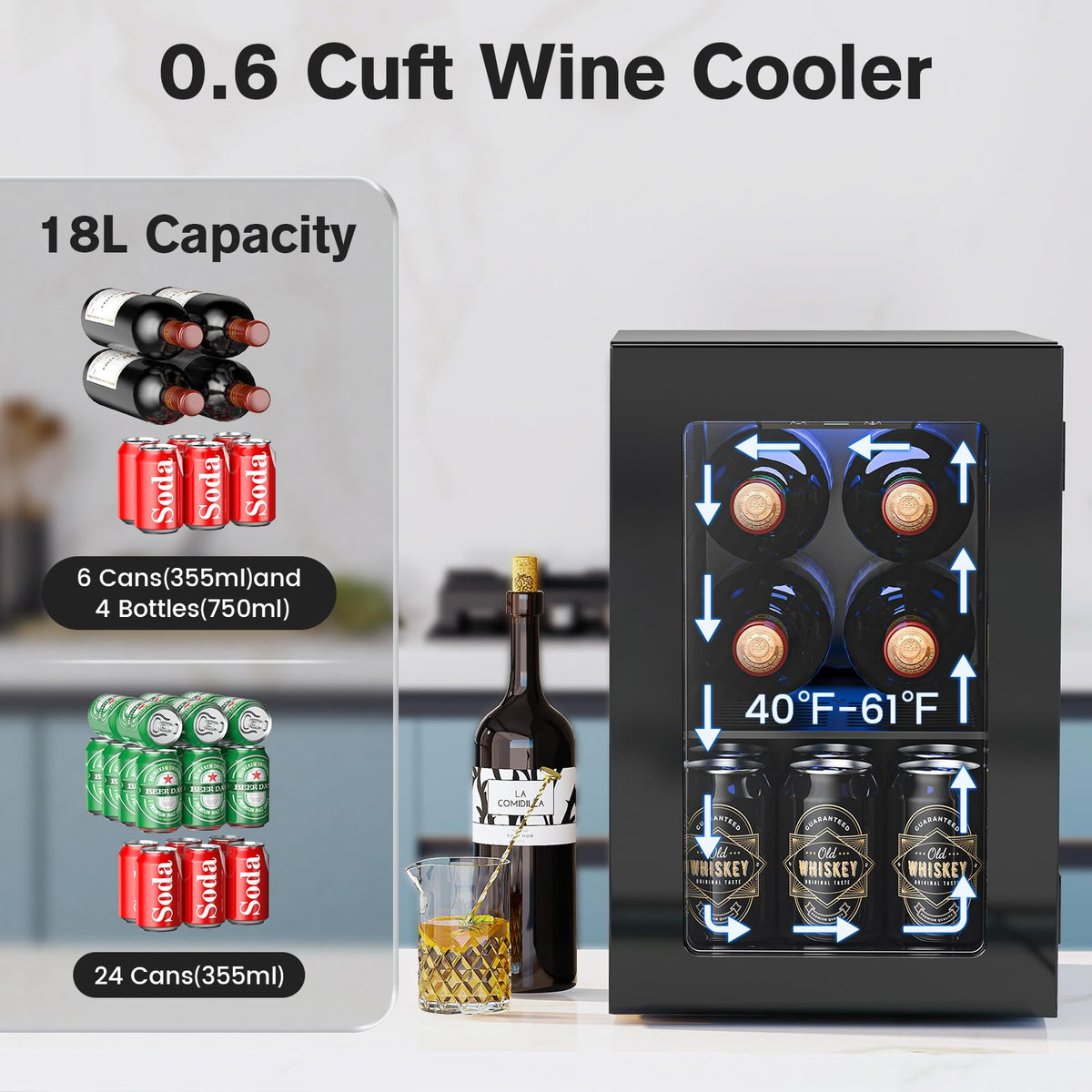 Electactic 48 Can Beverage Refrigerator,12 Bottle Wine Cooler with Seamless Stainless Steel & Glass Door, Digital Temperature Display, Countertop Mini Fridge for Soda, Wine or Beer, Silver