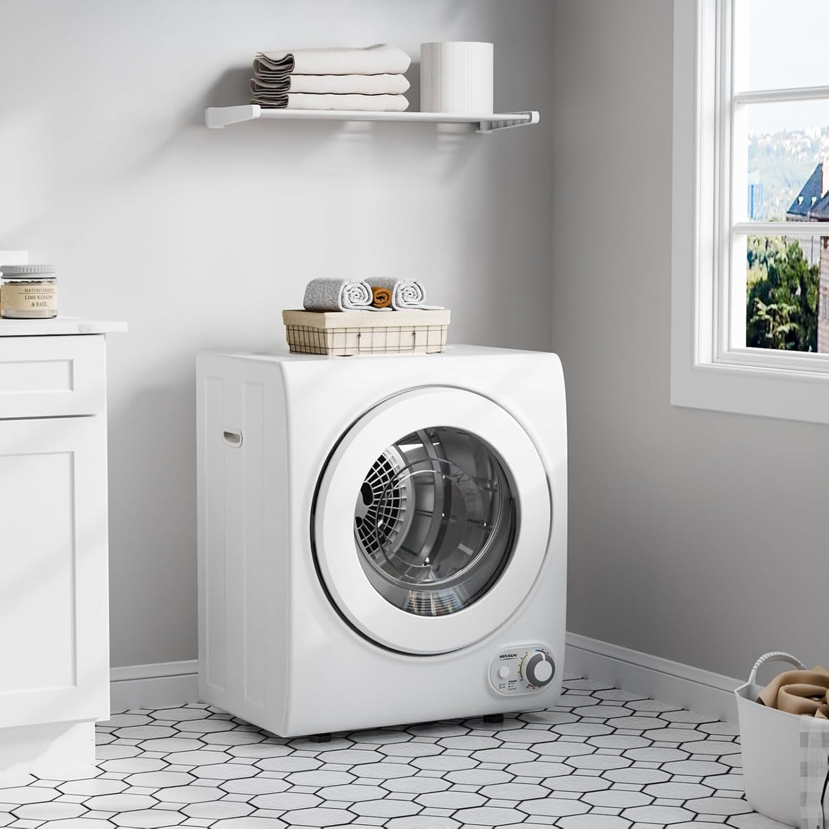 ROVSUN 110V Portable Clothes Dryer, High End Laundry Front Load Tumble Dryer Machine with Stainless Steel Tub & Simple Control Knob for Apartment, Dorm-850W, White