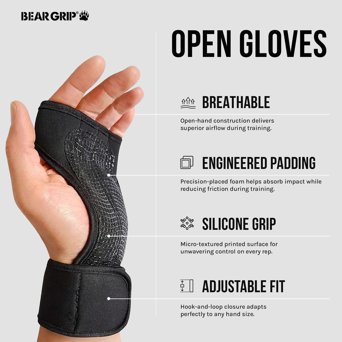 BEAR GRIP Gym Gloves for Men & Women – Open Workout Gloves with Adjustable Wrist Wraps, Breathable Silicone Grip Design for Weightlifting, Bodybuilding, Powerlifting & Calisthenics