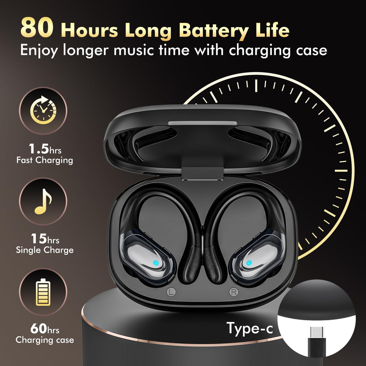 HAOYUYAN Wireless Earbuds, Sports Bluetooth Headphones, 80Hrs Playtime Ear Buds with LED Power Display, Noise Canceling Headset, IPX7 Waterproof Earphones for Workout/Running (Camel)