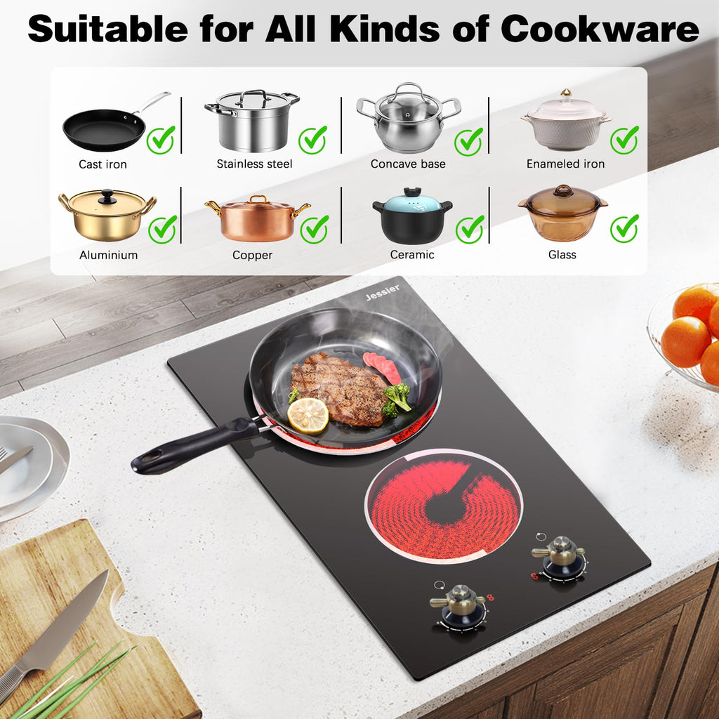 2 Burner Electric Cooktop 110V 2000W Countertop or Built-in