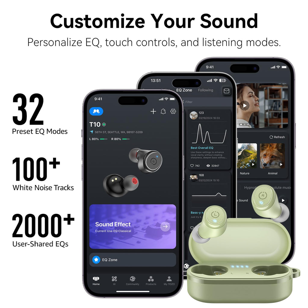 TOZO T10 Wireless Earbuds Powerful Bass Stereo Wireless Charging, APP, IPX8