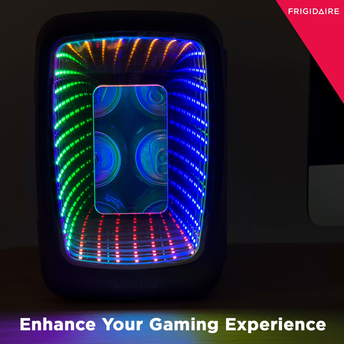 Frigidaire Gaming Light Up Mini Beverage Refrigerator, 6 can, 4 liters, Cooler with large see through door and LED lights Perfect for Gaming Experience, Home, Office, or Cars.12V Charger (Blue)