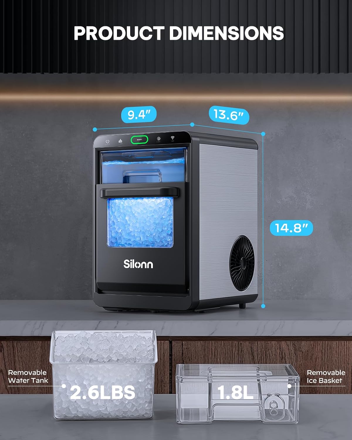 Silonn Ice Maker Countertop, 9 Cubes Ready in 6 Mins, 26lbs in 24Hrs, Self-Cleaning Ice Machine with Ice Scoop and Basket, 2 Sizes of Bullet Ice for Home Kitchen Office Bar Party