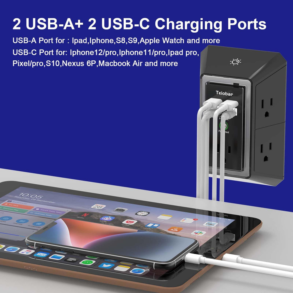 Multi Plug Wall Outlet Surge Protector with 6-Outlet & 4 USB Ports(2USB-C)