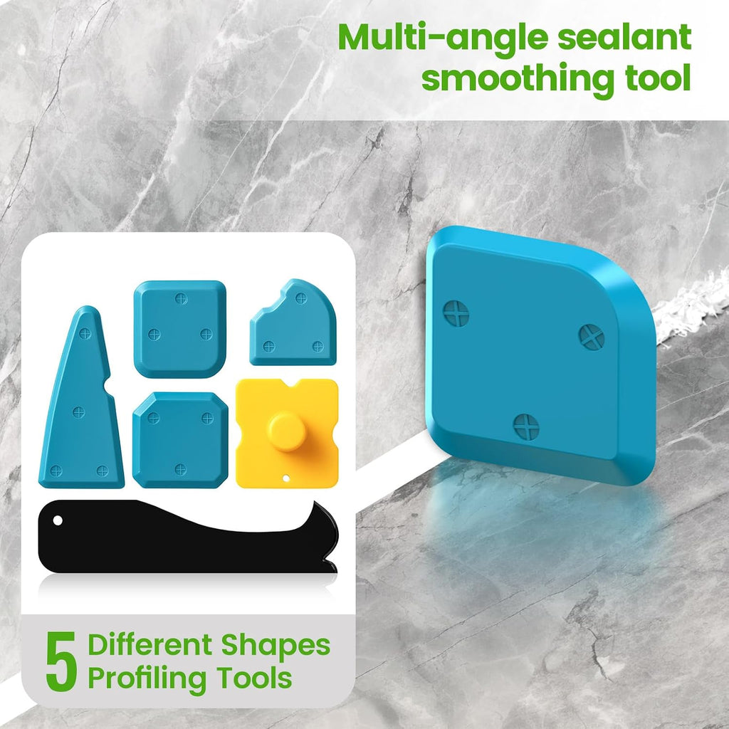 Caulking Tool 5 in 1 Silicone Caulking Grout Removal Sealant Finishing Tool with Grout Scraper, 6 Exchange Silicone Pads, Adhesive Residue Scraper Seam Repair Kit for Kitchen Bathroom White