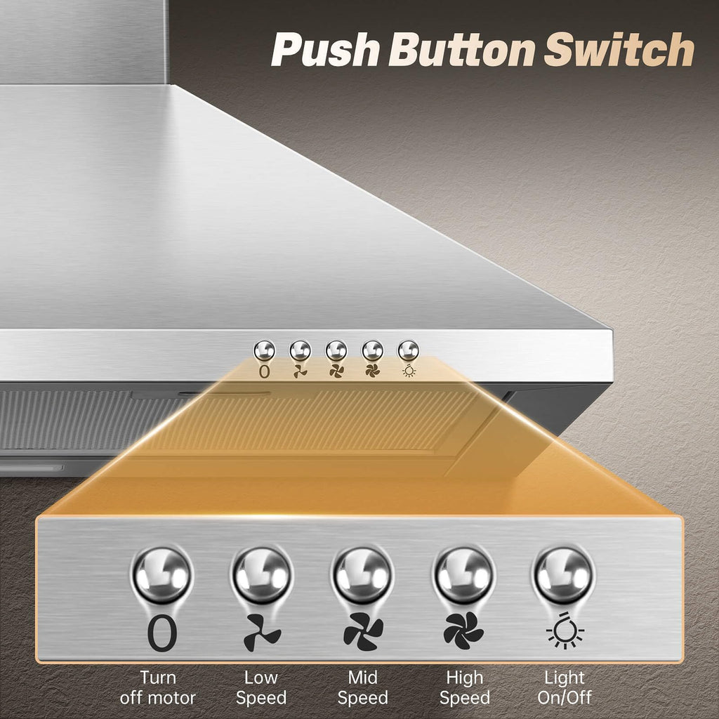 SNDOAS Range Hood 30 inch,Wall Mount Range Hood in Stainless Steel With Ducted/Ductless Convertible,Stove Vent Hood with Aluminum Filters,3 Speed Exhaust Fan,LED Light,Button Control