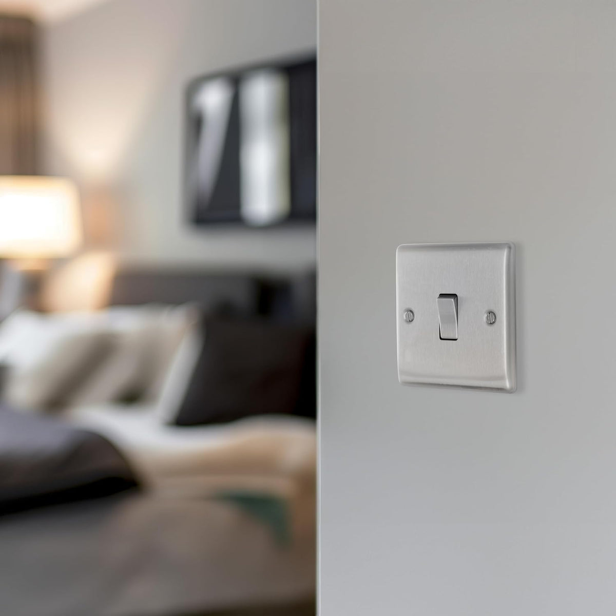 BG Electrical Single Wall Light Switch, 2 Way, Raised and Slim Profile, Round Edges, Nexus Metal, Brushed Steel, 20A, 16AX, NBS12