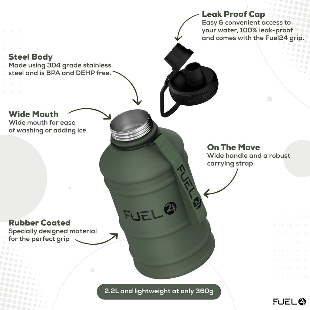 Fuel24 Stainless Steel Jug - 1.3 or 2.2 Litre Water Bottle - Extra Strong, BPA Free, Leak Proof - Large Gym Sports Bottle, 1.3L, 2.2L, Metal Bottle - Colour Options