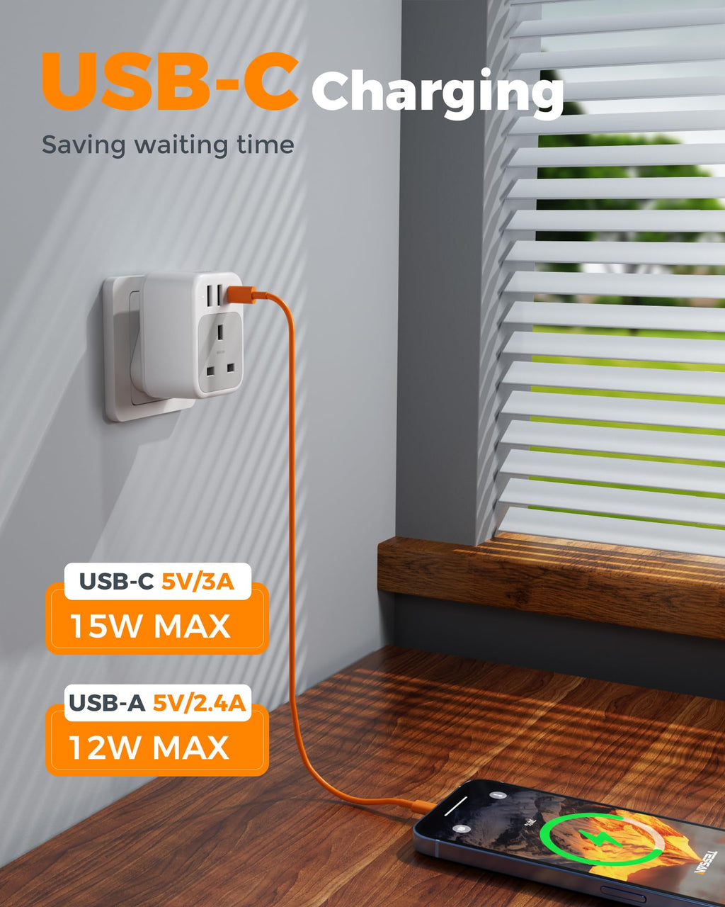 TESSAN UK to US Plug Adaptor 2 Pack, Type B USA Travel Adapter with USB C