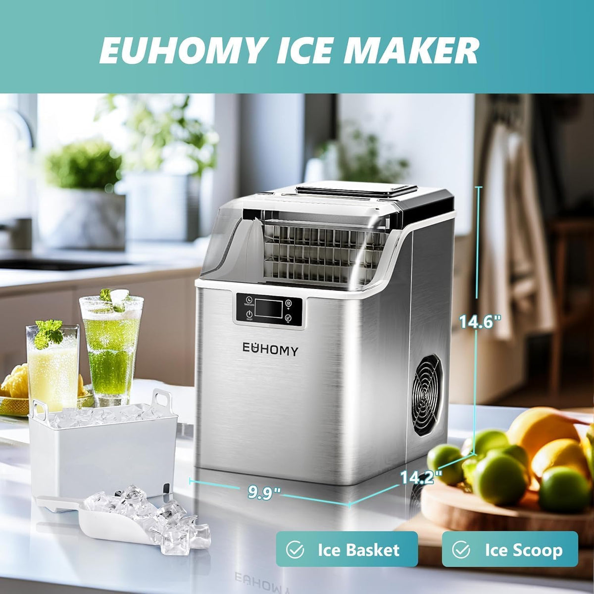 EUHOMY Ice Cube Maker Machine Countertop, 45Lbs/Day, 24Pcs Cubes/13 Mins