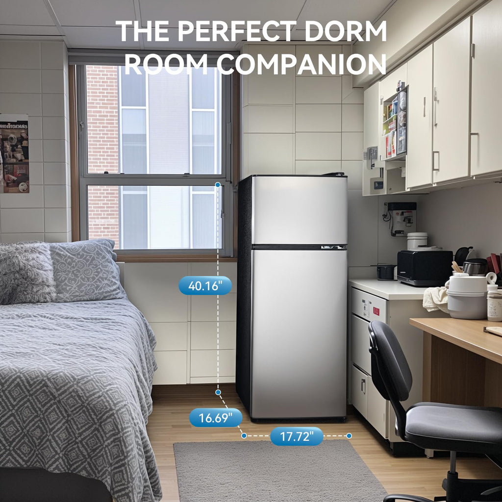 Anypro 4.0 Cu.Ft Fridge with Bottom Freezer, 2 Door Refrigerator with Drawer, 7 Level Temperatures and Adjustable Shelves for Bedroom, Dorm, Office, Apartment, Silver
