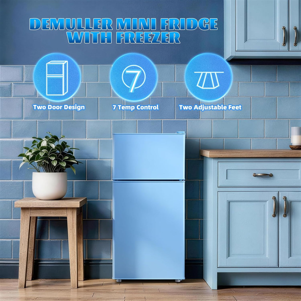 DEMULLER 45L Personal Double‑Door Mini Fridge With Freezer, Blue
