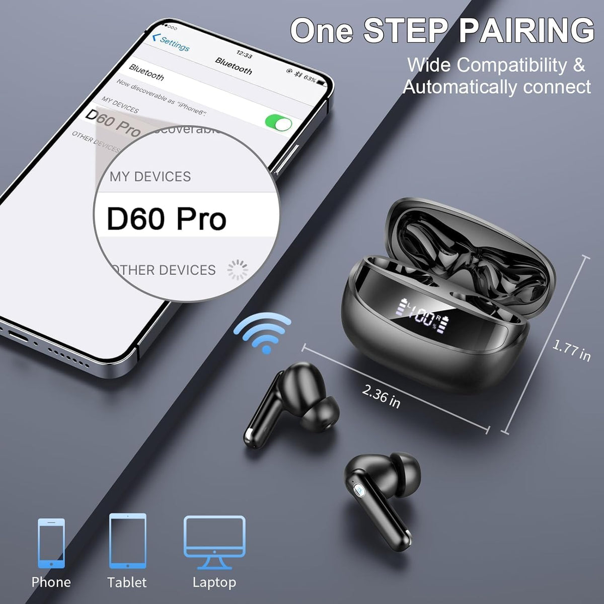 Wireless Earbuds, Bluetooth 5.4 Ear Buds, LED Power Display, 6D Bass Stereo