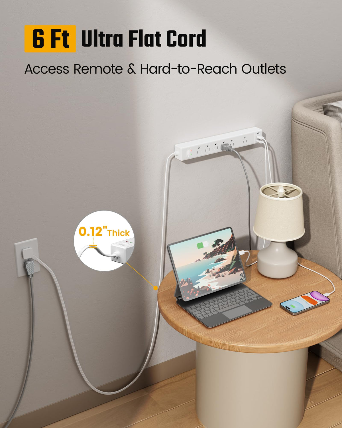 SUPERDANNY 6Ft Thin Extension Cord, Flat Plug Surge Protector Power Strip