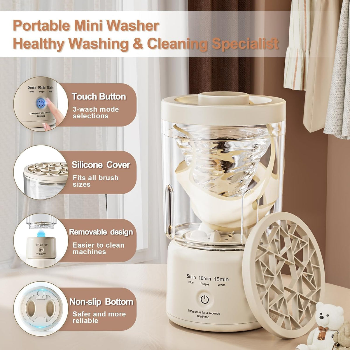 Portable Mini Washing Machine, Rechargeable Underwear Washing Machine Makeup Brush Cleaner Machine Small Clothes Mini Washer for Home, Hotel, Travel and Camping (Cream)