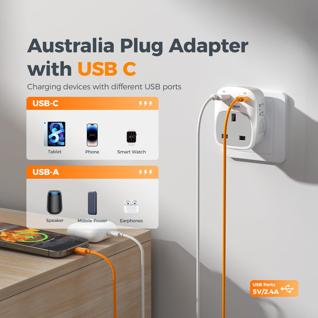 TESSAN UK to South Africa Plug Adapter, Type M Travel Adapter with USB C