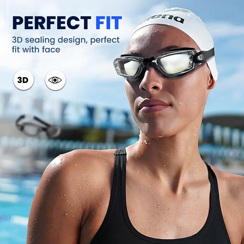 Swimming Goggles Pack of 1, Anti-Fog Googles Swimming Adults, Anti-Leak UV Protection Crystal Clear Vision with Free Protection Case, Nose Clips & Earplus Suitable for Adults & Kids